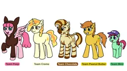 Size: 1920x1080 | Tagged: safe, artist:mkogwheel, derpibooru import, oc, oc:chocolate, oc:creme, oc:mini, oc:peanut butter, oc:peep, ponified, earth pony, pegasus, pony, unicorn, zebra, /mlp/, 4chan, april fools, april fools 2018, clothes, drawthread, easter egg, female, filly, hat, hoodie, mare, peanut, raised hoof, scrunchie, simple background, text, white background, zebra oc