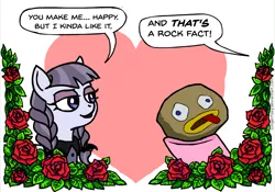 Size: 752x525 | Tagged: safe, artist:gingerfoxy, derpibooru import, inky rose, pinkie pie, earth pony, pegasus, pony, pony couple generator, dialogue, flower, heart, over the garden wall, rock, rock fact, rose, speech bubble