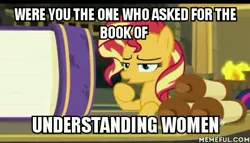 Size: 480x275 | Tagged: safe, derpibooru import, sunset shimmer, twilight sparkle, pony, unicorn, equestria girls, equestria girls series, forgotten friendship, book, exploitable meme, female, joke, lidded eyes, looking at you, mare, meme, open mouth, scroll, solo, solo focus, text