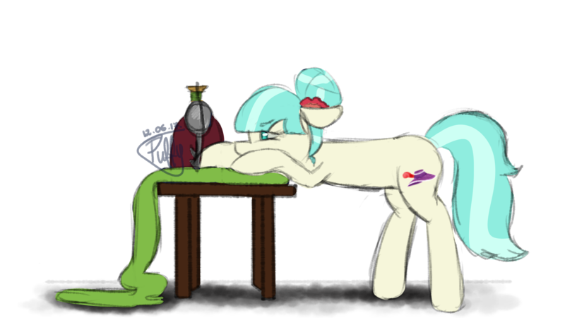 Size: 1920x1080 | Tagged: safe, artist:puffysmosh, derpibooru import, coco pommel, earth pony, pony, 30 minute art challenge, cloth, female, mare, sewing machine, simple background, solo, transparent background, watermark