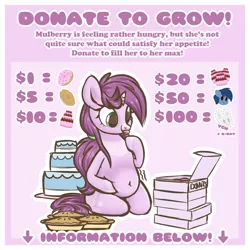 Size: 1280x1280 | Tagged: safe, artist:mulberrytarthorse, derpibooru import, oc, oc:huckleberry bleu, oc:mulberry tart, pony, unicorn, advertisement, belly, cake, chubby, donut, female, food, implied vore, mare, mlem, pie, silly, solo, tongue out