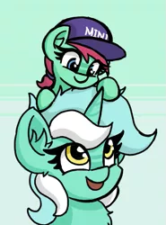 Size: 413x557 | Tagged: safe, artist:plunger, derpibooru import, lyra heartstrings, oc, oc:mini, ponified, pony, unicorn, /mlp/, 4chan, april fools, april fools 2018, baseball cap, cap, cute, green background, hat, mini me, on top, ponytail, simple background, team mini