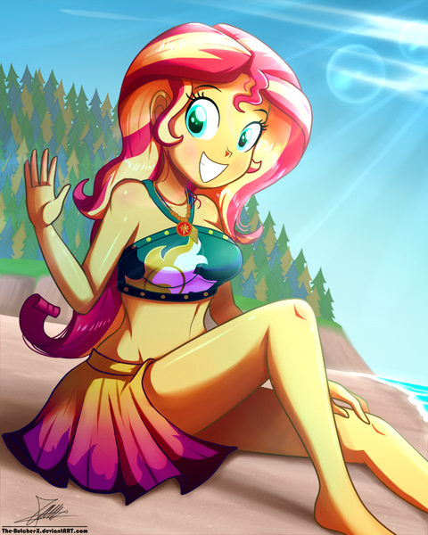 Size: 720x900 | Tagged: safe, artist:the-butch-x, derpibooru import, sunset shimmer, equestria girls, equestria girls series, forgotten friendship, barefoot, beach, beach babe, beautiful, bikini, bikini babe, clothes, commission, crepuscular rays, cute, feet, female, geode of empathy, grin, legs, magical geodes, midriff, sarong, shimmerbetes, sitting, smiling, solo, summer sunset, sunlight, swimsuit, thighs