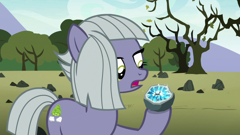 Size: 1280x720 | Tagged: safe, derpibooru import, screencap, limestone pie, earth pony, pony, the maud couple, bare tree, female, geode, hoof hold, mare, raised hoof, solo