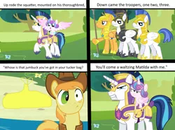 Size: 1024x763 | Tagged: artist:didgereethebrony, banjo patterson, braeburn, captain armor and guard sentry, comic, comic:waltzing matilda, derpibooru import, flash sentry, princess flurry heart, royal guard, safe, shining armor, vectors used, waltzing matilda