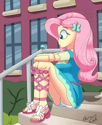Size: 2700x3300 | Tagged: suggestive, artist:horsecat, derpibooru import, fluttershy, butterfly, equestria girls, equestria girls series, breasts, cleavage, clothes, cute, dress, feet, female, legs, panties, sandals, shoes, skirt, skirt lift, solo, solo female, stairs, thighs, underwear, upskirt, white underwear