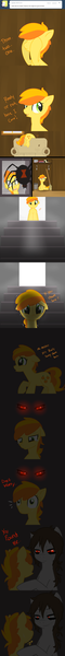 Size: 611x6110 | Tagged: safe, artist:jake heritagu, derpibooru import, peachy pie, oc, oc:the colt, earth pony, pony, spider, ask the colt, fanfic:silent ponyville, blood, book, bucket, comic, dark room, mop, red eyes take warning, skull, tumblr