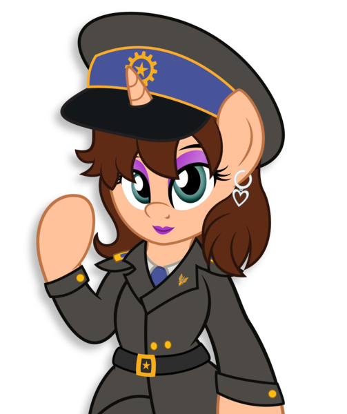 Size: 3388x4042 | Tagged: safe, artist:digiqrow, deleted from derpibooru, derpibooru import, oc, oc:chloe adore, semi-anthro, unicorn, air force, april fools, april fools 2018, april fools joke, belt, clothes, communism, earring, equal cutie mark, equality, eyeshadow, hat, join us, lipstick, looking at you, makeup, military uniform, navy, peaked cap, simple background, solo, soviet union, transparent background, vector