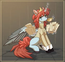 Size: 1615x1552 | Tagged: safe, artist:koviry, derpibooru import, oc, unofficial characters only, alicorn, pony, alicorn oc, boots, clothes, colored hooves, colored wings, colored wingtips, crown, cup, curved horn, document, female, jewelry, looking at you, magic, mare, missing cutie mark, regalia, shoes, sipping, sitting, solo, spread wings, sweater, teacup, telekinesis, two toned wings, wings