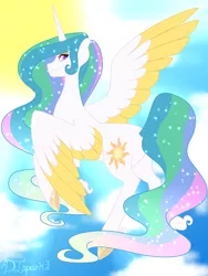 Size: 1440x1916 | Tagged: safe, artist:djspark3, derpibooru import, princess celestia, alicorn, pony, colored wings, colored wingtips, female, flying, looking at you, looking back, mare, missing accessory, smiling, solo