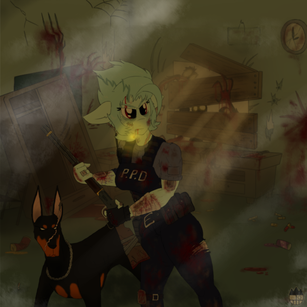 Size: 894x894 | Tagged: apocalypse, artist:sanyo2100, blood, derpibooru import, doberman, dog, doggo, grimdark, gun, oc, oc:maelstrom, police, police officer, police uniform, rifle, weapon, zombie, zombie apocalypse