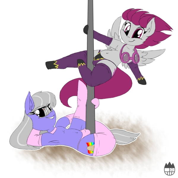 Size: 1600x1600 | Tagged: questionable, artist:sanyo2100, derpibooru import, oc, oc:grey sky, oc:trendy tenter, unofficial characters only, earth pony, pegasus, pony, anatomically incorrect, armpits, clothes, crotch bulge, femboy, gay, goggles, incorrect leg anatomy, male, nudity, panties, penis, pole dancing, shadowbolts, simple background, small penis, smol, smolpone, socks, stripper pole, transparent background, underwear