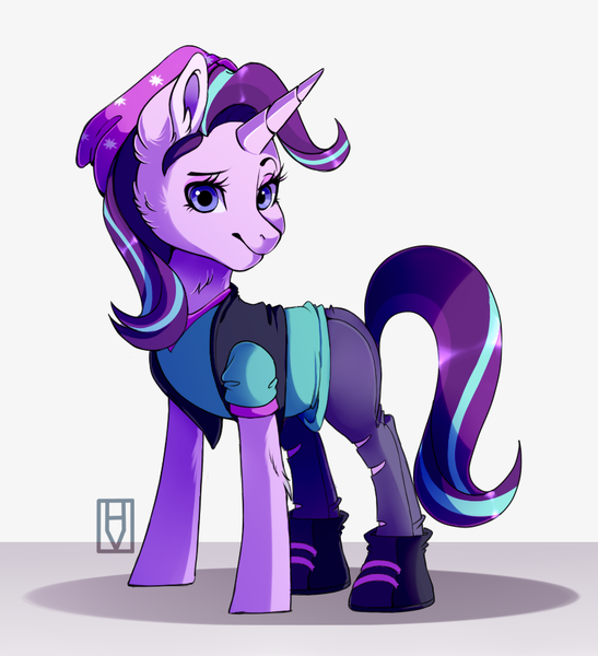 Size: 819x898 | Tagged: safe, artist:hikariviny, derpibooru import, starlight glimmer, pony, unicorn, beanie, boots, clothes, equestria girls outfit, female, hat, looking at you, mare, pants, shirt, shoes, simple background, smiling, solo, vest