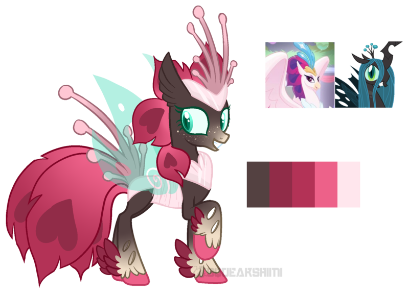 Size: 2003x1447 | Tagged: safe, artist:squeakshimi, derpibooru import, queen chrysalis, queen novo, oc, hybrid, my little pony: the movie, changeling hybrid, colored hooves, crack ship offspring, feathered fetlocks, female, magical lesbian spawn, offspring, parent:queen chrysalis, parent:queen novo, raised hoof, reference sheet, simple background, solo, transparent background