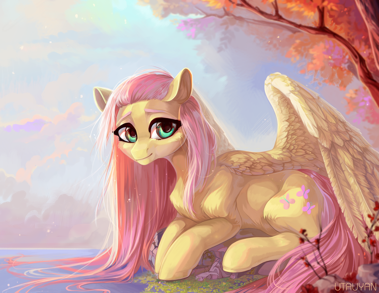 Size: 6348x4920 | Tagged: safe, artist:utauyan, derpibooru import, fluttershy, pegasus, pony, absurd resolution, cloud, female, mare, prone, sky, smiling, solo, tree, water