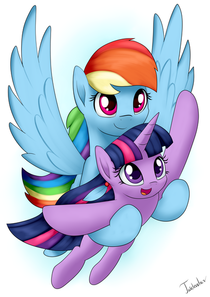 Size: 2480x3507 | Tagged: safe, artist:twidasher, derpibooru import, rainbow dash, twilight sparkle, pegasus, pony, unicorn, cute, dashabetes, female, flying, lesbian, mare, shipping, simple background, twiabetes, twidash, white background