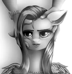 Size: 3156x3240 | Tagged: safe, artist:dankflank, derpibooru import, fluttershy, human, pegasus, pony, black and white, explicit source, grayscale, hand, hand on head, hotline miami, jewelry, looking at you, monochrome, necklace, parody, sexy, wings