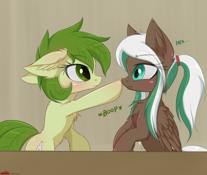 Size: 2000x1690 | Tagged: safe, artist:orang111, derpibooru import, oc, oc:flower, oc:lynn, unofficial characters only, earth pony, pegasus, pony, bipedal, boop, eye contact, heck, looking at each other, schocked, table