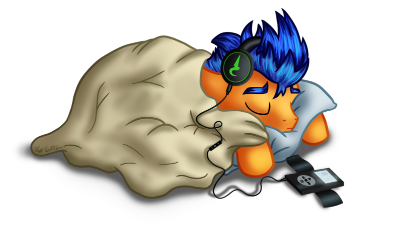 Size: 3434x2022 | Tagged: safe, artist:nightpaint12, derpibooru import, flash sentry, pegasus, pony, blanket, eyes closed, headphones, mp3 player, pillow, simple background, sleeping, solo, transparent background