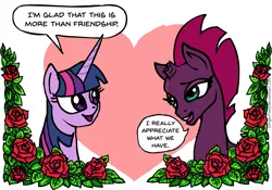 Size: 1199x837 | Tagged: safe, artist:gingerfoxy, derpibooru import, fizzlepop berrytwist, tempest shadow, twilight sparkle, pony, unicorn, pony couple generator, my little pony: the movie, female, flower, heart, lesbian, rose, shipping, tempestlight