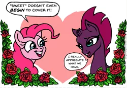 Size: 1201x841 | Tagged: safe, artist:gingerfoxy, derpibooru import, fizzlepop berrytwist, pinkie pie, tempest shadow, earth pony, pony, unicorn, pony couple generator, my little pony: the movie, female, flower, heart, lesbian, rose, shipping, tempestpie