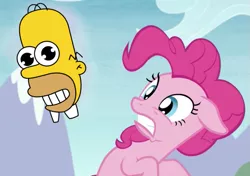 Size: 615x434 | Tagged: crossover, derpibooru import, edit, edited screencap, floating head, homer simpson, mr. sparkle, pinkie pie, safe, screencap, the maud couple, the simpsons