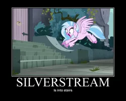 Size: 750x600 | Tagged: captain obvious, classical hippogriff, derpibooru import, hippogriff, motivational poster, pointing, safe, school daze, screencap, silverstream, solo, stairs, that hippogriff sure does love stairs