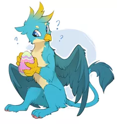 Size: 1134x1200 | Tagged: safe, artist:hioshiru, derpibooru import, gallus, gryphon, school daze, cheek fluff, chest fluff, easter egg, egg, fluffy, leg fluff, looking at something, male, question mark, simple background, sitting, solo, spread wings, white background, wings