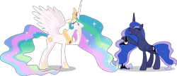 Size: 7461x3233 | Tagged: safe, artist:90sigma, artist:dashiesparkle, derpibooru import, edit, edited edit, editor:slayerbvc, vector edit, princess celestia, princess luna, alicorn, pony, celestial advice, luna eclipsed, absurd resolution, accessory-less edit, barehoof, clothed female nude female, crown, duo, female, hoof shoes, jewelry, mare, overreacting, peytral, raised hoof, regalia, royal sisters, shocked, simple background, sisters, transparent background, undressing, vector, we don't normally wear clothes, worried