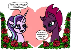 Size: 750x528 | Tagged: safe, artist:gingerfoxy, derpibooru import, starlight glimmer, tempest shadow, pony, unicorn, pony couple generator, my little pony: the movie, duo, female, flower, heart, mare, rose, shipping, tempestglimmer