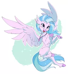 Size: 1104x1200 | Tagged: artist:hioshiru, classical hippogriff, colored hooves, cute, derpibooru import, diastreamies, female, flying, heart eyes, hippogriff, jewelry, necklace, open mouth, realistic horse legs, safe, school daze, silverstream, simple background, smiling, solo, white background, wingding eyes