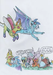 Size: 1151x1626 | Tagged: safe, artist:kuroneko, derpibooru import, gallus, ocellus, princess ember, sandbar, silverstream, smolder, thorax, yona, changedling, changeling, classical hippogriff, dragon, earth pony, gryphon, hippogriff, pony, yak, awkward, blushing, blushing profusely, bush, changeling king, colored pencil drawing, dragoness, embrax, eww, female, flying, gona, interspecies, king thorax, kissing, looking at each other, male, shipping, simple background, speech bubble, stallion, straight, student six, traditional art, white background