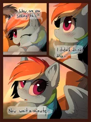 Size: 829x1100 | Tagged: safe, artist:hioshiru, derpibooru import, quibble pants, rainbow dash, earth pony, pegasus, pony, comic:tale road, against glass, blushing, cheek fluff, comic, cute, dashabetes, dialogue, duo, ear fluff, eyelashes, female, glass, male, mare, nose wrinkle, one eye closed, open mouth, quibbledash, shipping, smiling, speech bubble, spread wings, stallion, straight, train, wings