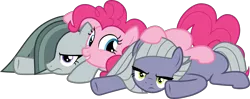 Size: 5164x2040 | Tagged: safe, artist:frownfactory, derpibooru import, limestone pie, marble pie, pinkie pie, earth pony, pony, the maud couple, .svg available, annoyed, female, happy, lying on top of someone, mare, pie sisters, pile, siblings, simple background, sisters, svg, transparent background, trio, vector