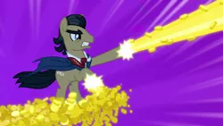 Size: 1280x720 | Tagged: safe, derpibooru import, screencap, filthy rich, earth pony, pony, do princesses dream of magic sheep, bits, cape, clothes, male, money, solo, stallion, super rich