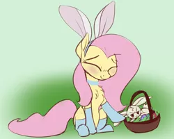 Size: 2000x1600 | Tagged: 30 minute art challenge, angel bunny, artist:veesocks, basket, blushing, bunny ears, chest fluff, clothes, collar, cute, derpibooru import, easter, easter bunny, easter egg, fluffy, fluttershy, green background, hnnng, holiday, safe, shyabetes, simple background, socks