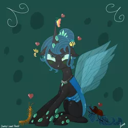 Size: 3445x3445 | Tagged: artist:darkest-lunar-flower, bee, beetle, blue changeling, blushing, butterfly, centipede, changeling, changeling queen, changeling queen oc, commission, derpibooru import, female, heart, insect, lipstick, oc, oc:queen polistae, safe, unamused, wasp