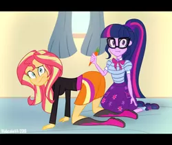 Size: 1024x868 | Tagged: suggestive, artist:wubcakeva, derpibooru import, sci-twi, sunset shimmer, twilight sparkle, equestria girls, equestria girls series, april fools, ass, boots, carrot, clothes, female, food, glasses, implied anal insertion, implied insertion, lesbian, not what it looks like, plot, ponytail, scitwishimmer, shipping, shoes, skirt, socks, sunsetsparkle