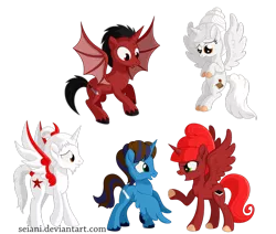 Size: 900x763 | Tagged: safe, artist:seiani, derpibooru import, oc, oc:captain blacktail, oc:grand master whisper, oc:mama babu, oc:mayor bumbee, oc:sigthor, unofficial characters only, alicorn, bat pony, bat pony alicorn, pony, female, male, mare, simple background, stallion, transparent background, updo