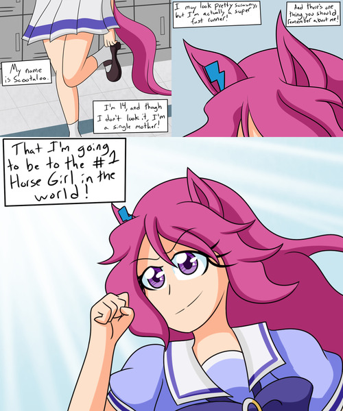 Size: 2000x2400 | Tagged: april fools, april fools 2018, april fools joke, artist:jake heritagu, clothes, comic, comic:ask motherly scootaloo, derpibooru import, eared humanization, hairpin, human, humanized, motherly scootaloo, safe, school uniform, scootaloo, tailed humanization, uma musume pretty derby