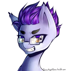 Size: 2000x2000 | Tagged: safe, artist:chaosangeldesu, derpibooru import, oc, oc:evening tale, unofficial characters only, bat pony, pony, bat pony oc, bust, fangs, glasses, grin, male, portrait, simple background, slit eyes, smiling, solo, stallion, transparent background