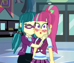 Size: 2400x2057 | Tagged: safe, artist:bigpurplemuppet99, artist:lyricgemva, derpibooru import, juniper montage, sour sweet, equestria girls, crack shipping, female, junipersweet, kissing, lesbian, shipping