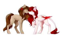 Size: 1023x659 | Tagged: safe, artist:itsizzybel, derpibooru import, oc, oc:maya, unofficial characters only, earth pony, pegasus, pony, chest fluff, colored wings, colored wingtips, duo, ear fluff, eyes closed, female, flower, flower in hair, gradient wings, leonine tail, mare, nuzzling, raised hoof, simple background, transparent background, two toned wings