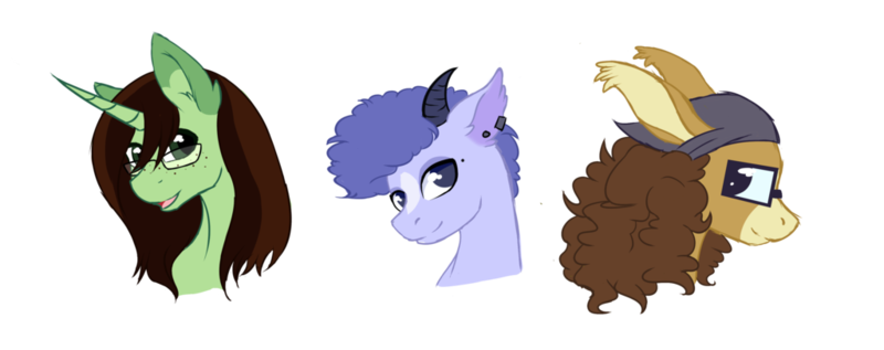 Size: 1024x406 | Tagged: safe, artist:kimyowolf, derpibooru import, oc, oc:flittermint, oc:tranquil feather, oc:wandering mind, unofficial characters only, donkey, goat, goat pony, hybrid, mule, pegasus, pony, unicorn, bust, female, glasses, mare, portrait, simple background, transparent background