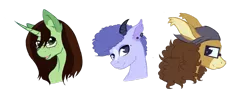 Size: 1024x406 | Tagged: safe, artist:kimyowolf, derpibooru import, oc, oc:flittermint, oc:tranquil feather, oc:wandering mind, unofficial characters only, donkey, goat, goat pony, hybrid, mule, pegasus, pony, unicorn, bust, female, glasses, mare, portrait, simple background, transparent background