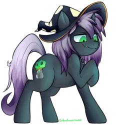 Size: 996x1021 | Tagged: safe, artist:cokesleeve, derpibooru import, oc, oc:clairvoyance, unofficial characters only, unicorn, female, hat, raised hoof, simple background, solo, transparent background, witch