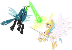 Size: 1024x719 | Tagged: safe, artist:vector-brony, derpibooru import, princess celestia, queen chrysalis, alicorn, changeling, changeling queen, pony, armor, blast, braid, duel, female, fight, flying, force field, god empress of ponykind, magic, magic blast, simple background, sword, tail wrap, transparent background, warrior celestia, weapon