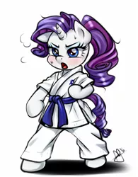 Size: 390x500 | Tagged: safe, artist:pia-sama, derpibooru import, rarity, anthro, unguligrade anthro, unicorn, arm hooves, bipedal, blue belt, blushing, clothes, female, gi, karate, mare, martial artist rarity, martial arts, open mouth, robe, signature, simple background, solo, sweat, trousers, white background