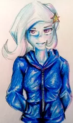 Size: 1871x3145 | Tagged: safe, artist:nolyanimeid, derpibooru import, trixie, equestria girls, clothes, female, hands in pockets, hoodie, simple background, smiling, solo, traditional art, white background