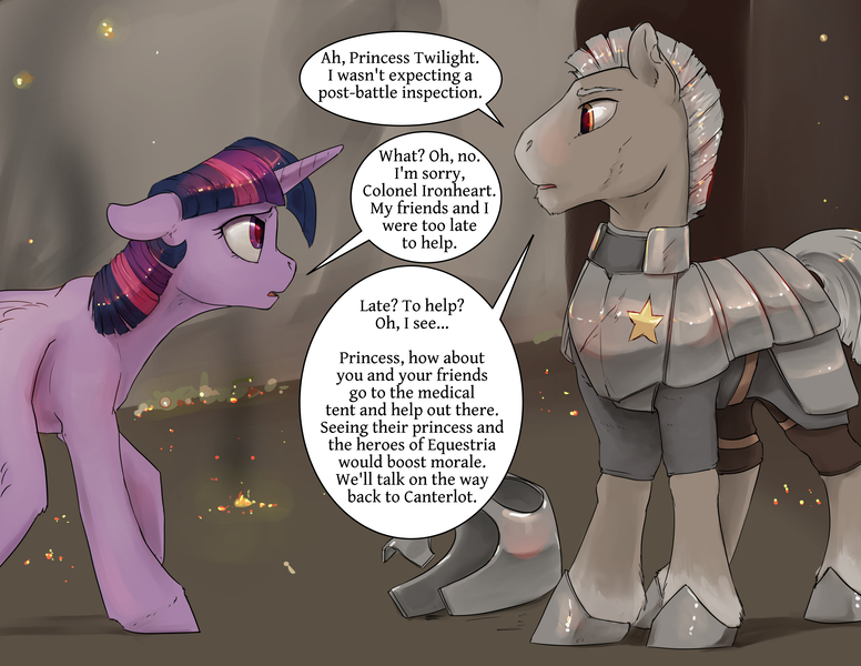 Size: 2640x2040 | Tagged: safe, artist:silfoe, derpibooru import, twilight sparkle, twilight sparkle (alicorn), oc, oc:colonel ironheart, alicorn, earth pony, pony, royal sketchbook, armor, dialogue, drooping wings, duo, female, fire, helmet, male, mare, royal guard, speech bubble, stallion, talking